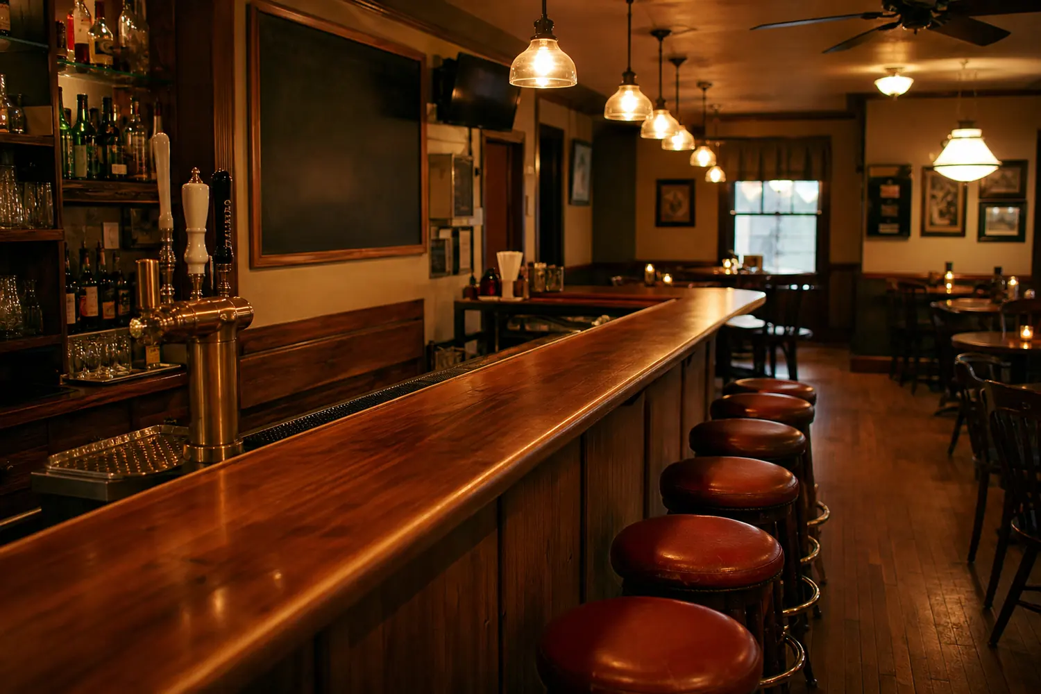 Warm wood bar interior with stools and pendant lights