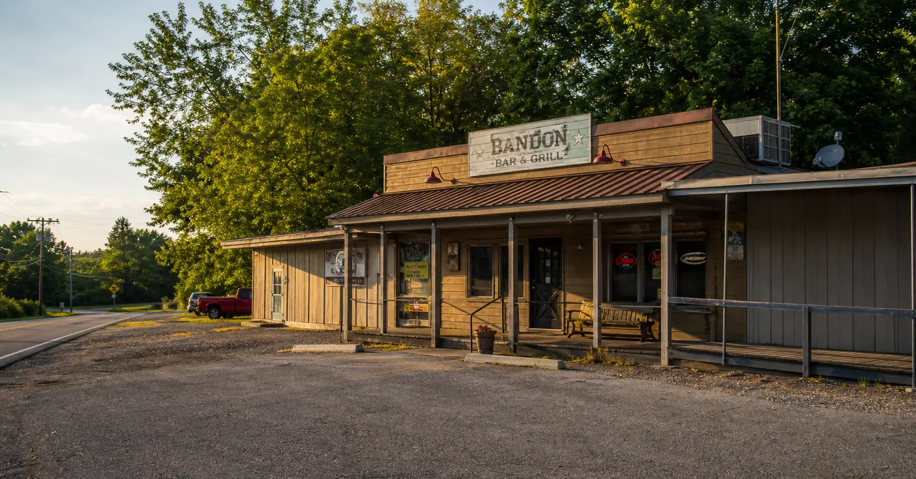 Roadside bar and grill exterior at golden hour