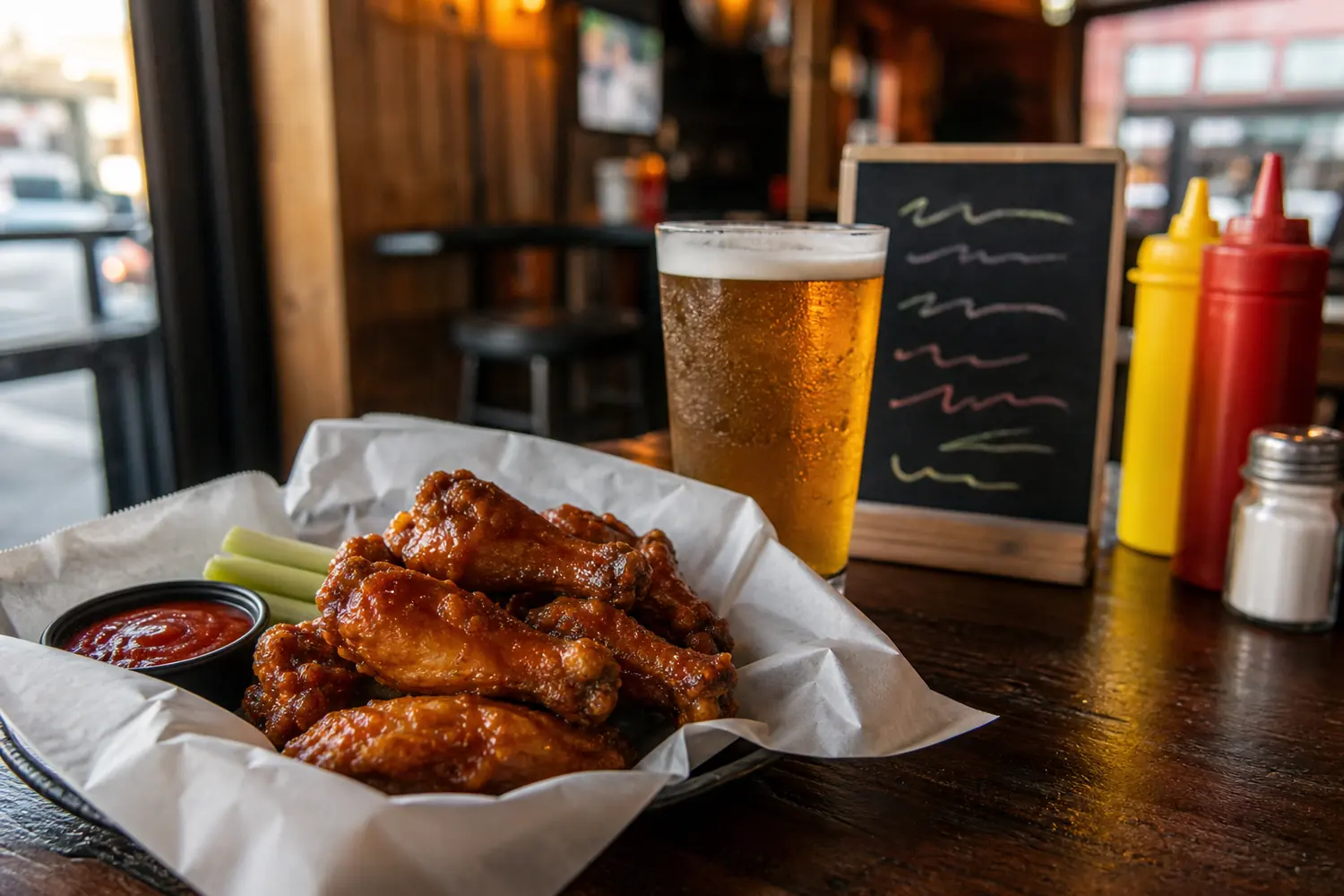 Wings and beer on a tavern table